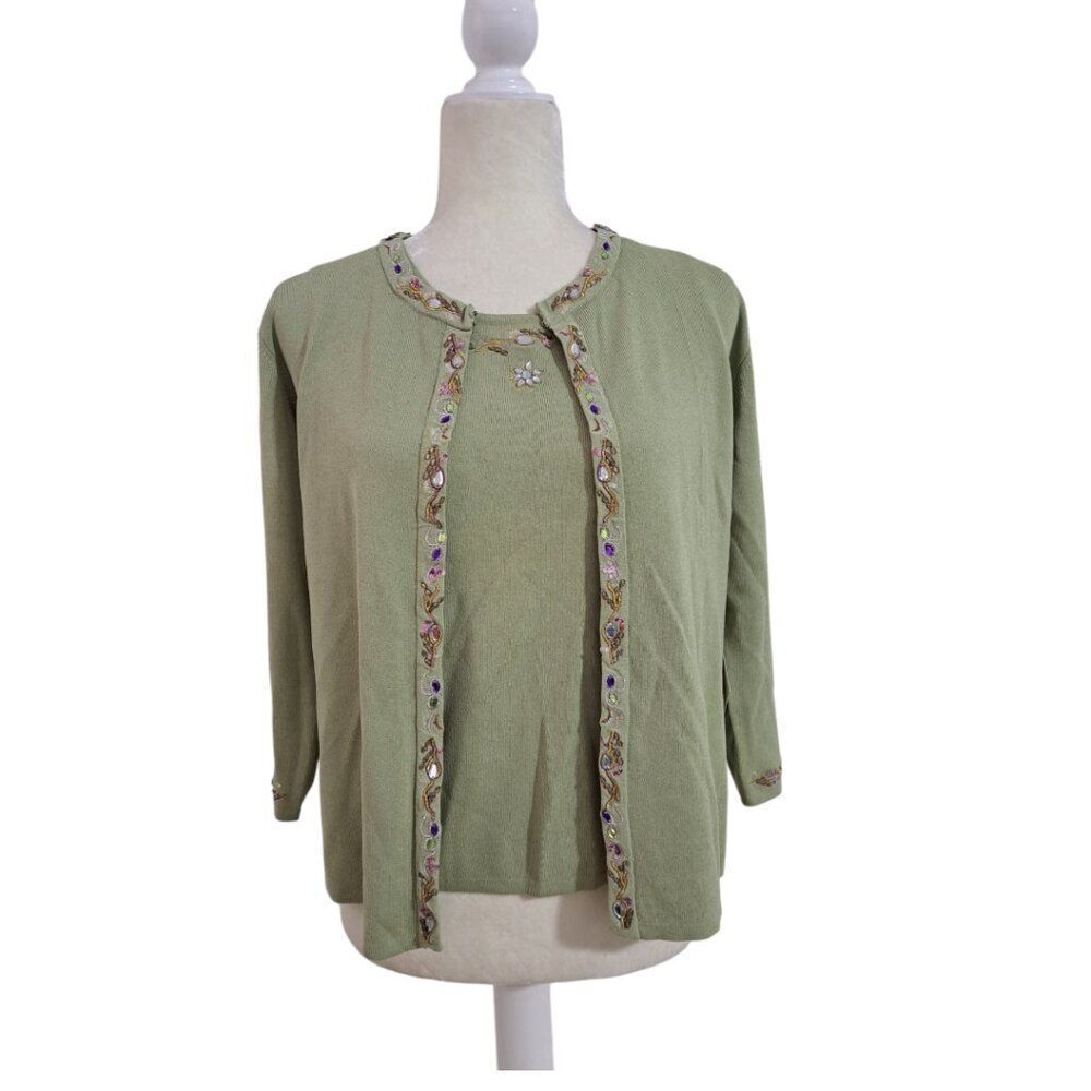 Joseph A. Women's 2 Pc Set Knit Top 3/4 Cardigan Sage Green Rhinestone Sz XL